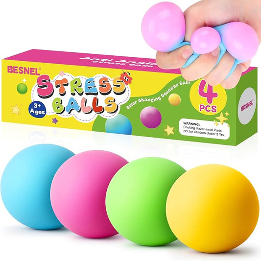 Stress Balls 4 Pack for Adults and Kids, Color Changing Squeeze Toys | Sensory Toys for kids with Autism, Squishy Fidget Toys for Stress and Anxiety Relief, Squishies Squeeze Prize for Classroom