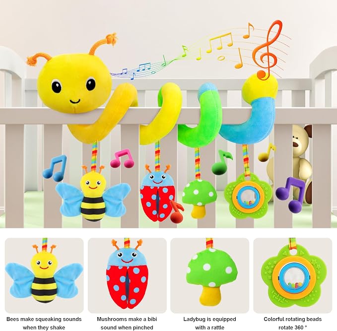 Car Seat Toys for Babies 0-6 Months, Upgraded Version | Spiral Activity Soft Plush Hanging Toys with Rattles, Fits Car Seat & Stroller, Ages 0 and Up