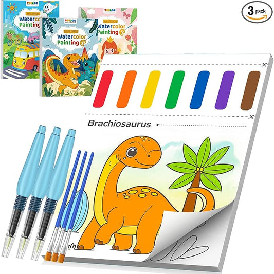 TECJOE 3 Pack Paint with Water Coloring Books for Toddlers, Mess Free Watercolor Painting Set with 6 Brushes, Travel Art Craft Toys Birthday Gifts for Kids Ages 3-8, Traffic, Princess & Dinosaur | Thick Watercolor Paper With 6 Brushes, Mess Free Travel...