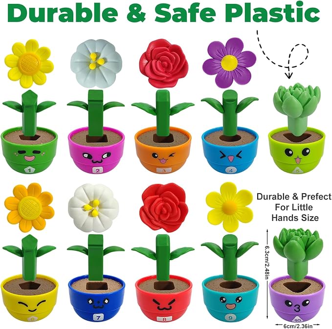 Montessori Flower Garden Building Toy for Girls & Boy, Toddler Gardening Set with 10 Shape & Number Flowers, Preschool Learning Matching & Stacking Game, Sensory Toys Gifts for 1 2 3 Year Old