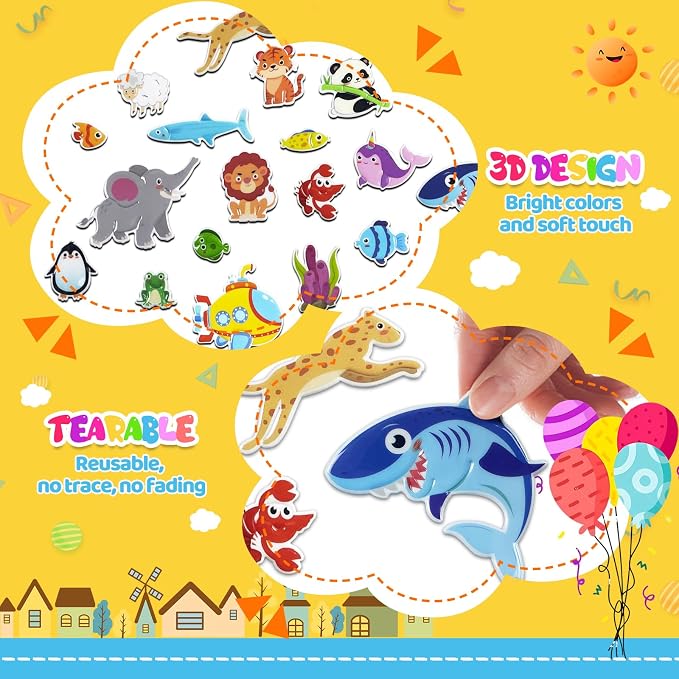 Jelly Sticker Books for Kids 2-4,5 Set Reusable Sticker Activity Books for Toddler 1-3, Travel Toys for 2+ Boy Girl (6 Set - Animals+Vehicles+Ocean Animals+Sports+Kitchen Fun+Horse Riding)