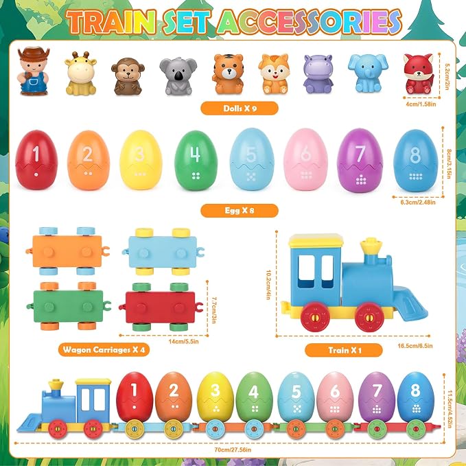 Grarain Toddler Train Toy Set with Farm Animal Finger Puppets & Eggs, Montessori Educational Color Number Sorting Matching Learning Toys for Kids Boys Girls 1-3 Year Old, Fine Motor Gifts