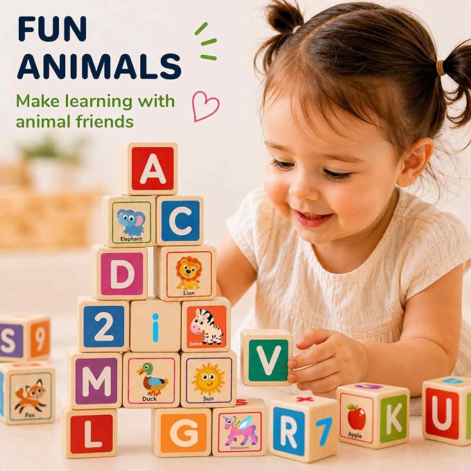 Quokka Wooden Blocks for Toddlers 1-3 - 26 Counting ABC Learning Baby Blocks for Kids 3-5 Year Olds Stacking Alphabet Wood Toys for 2-4 Ages - Developmental Toys with Letters Numbers from 12-18 Month