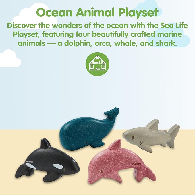 PlanToys® Wooden Sea Life 4-Piece Set, Dolphin, Orca, Whale & Shark Kids Toy