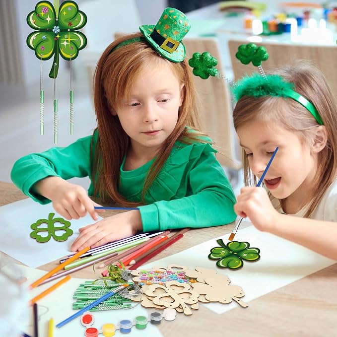 Fennoral 10 Pack St. Patricks Day Shamrock Wind Chime Kit for Kids Make You Own Four Leaf Clover Wind Chimes St Patricks Day Wooden Ornaments for Kids Art and Craft St.Patrick's Day Party Decoration