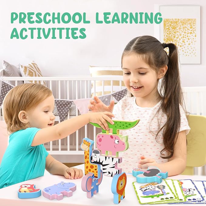 Zeoddler Montessori Toys for Toddlers, 10 Pack Wooden Animal Stacking Blocks, Sorting & Stacking Preschool Learning Activities, Gift for Boys, Girls