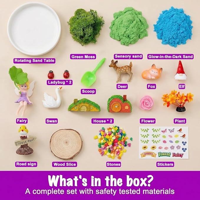 Carolart Spinning Fairy Garden Sensory Bin with Glow Sand Kit | Glow-in-the-Dark Sensory Sand, fairy toys, gifts for girls, rotating sand kit with sensory play for ages 3-8
