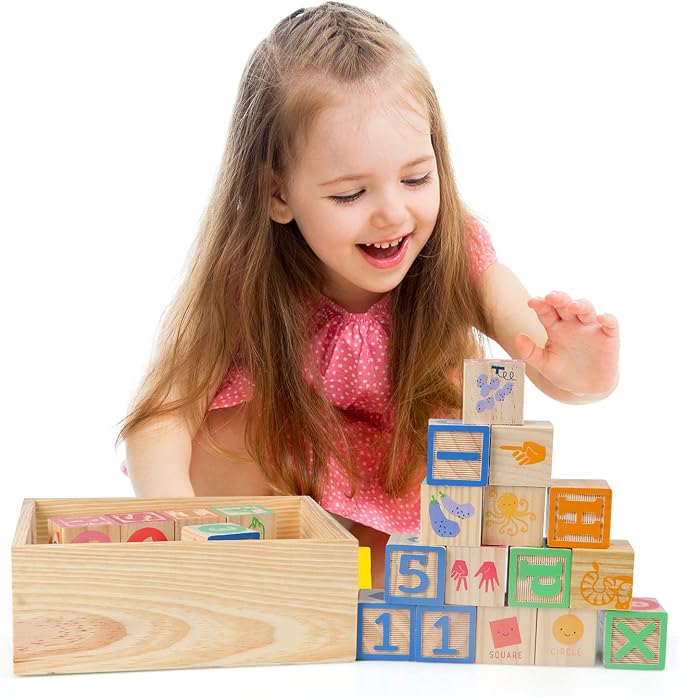 ABC Wooden Building Blocks for Toddlers 3 Large, 40 PCS Alphabet & Number Stacking Blocks with Storage Tray, Montessori Educational Learning Toys for Boys Girls Kids Gifts 1.65"