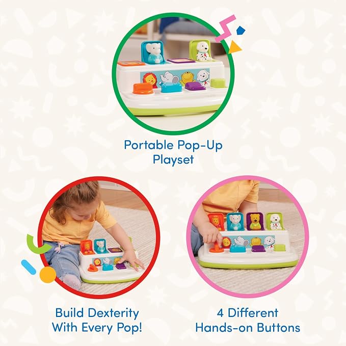 Battat Pop-Up Toy, Pop-Up Pals Cause-and-Effect Animal Toy, Toddler, 4 Pals | 4 animal pals pop up with turn, press, flip, and slide actions; colors, shapes, carry handle, Toddler, 4 Pals; 18+ Months