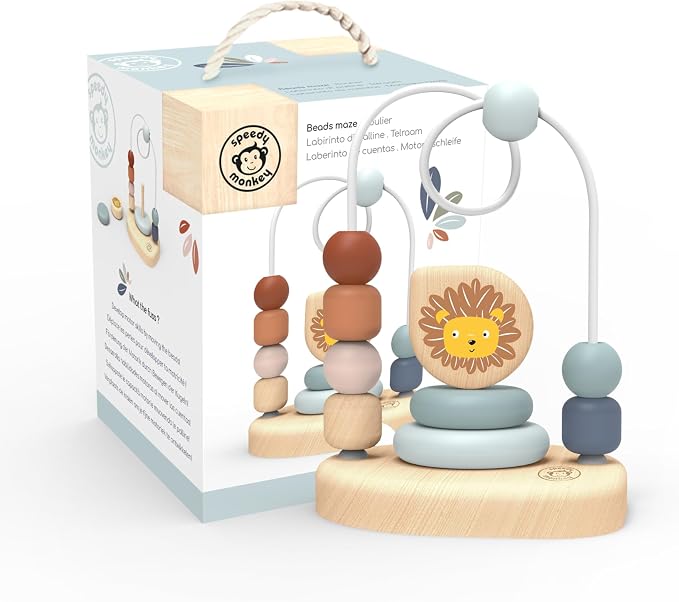 Lion Bead Maze, Colorful Wire Frame Toy with 7 Soft Beads, Promotes Dexterity, Hand-Eye Coordination & Color Recognition, Non-Toxic Paint, Ideal for Kids 1-3 Years | 7 sliding beads, wire frame, lion theme, wooden bead maze, montessori toys, preschool ...