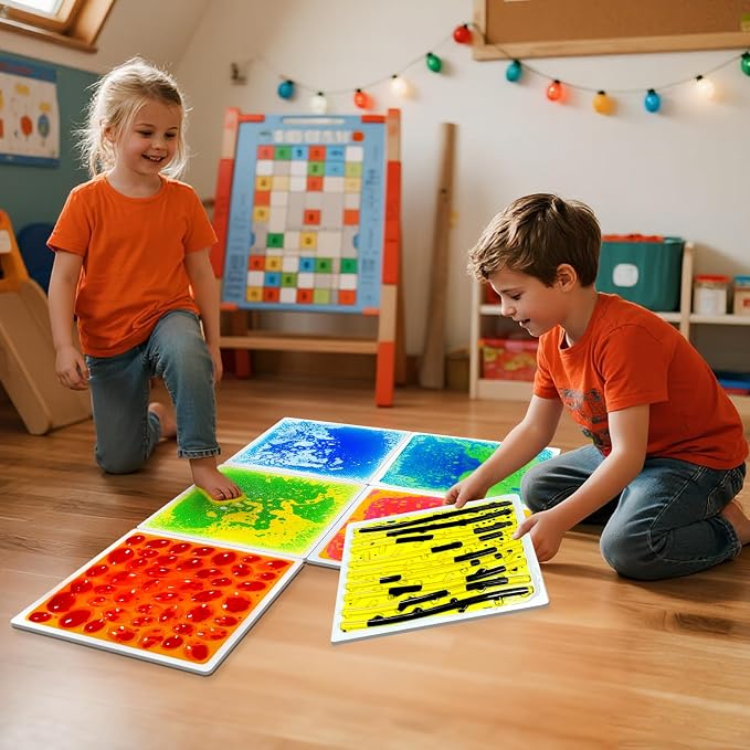 Sensory Floor Tiles for Kids: 12" Liquid and Textured Mats, 4 Pack | Visual and Tactile Surfaces for Autism Sensory Play, Texture Exploration, Sensory Paths, Stepping Games, and Sensory Rooms