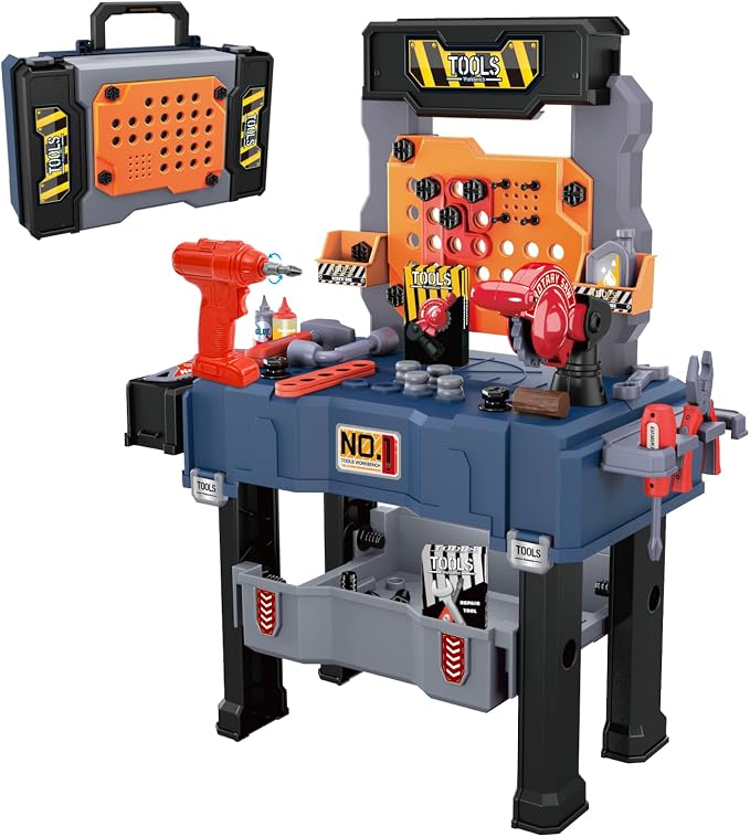 MUGEYMYD Kids Tool Bench Set with Electric Drill and Realistic Tool | Pretend Play Construction Workbench Toys for Toddlers, Build a Kids Tool Workshop Set for Boys and Girls, Ages 3-8