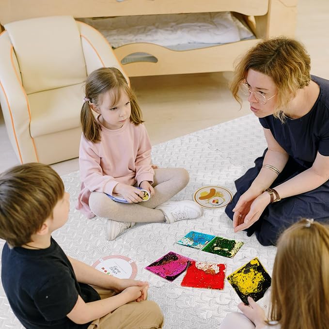 LONGKING 4-Pack 6"x 6" Liquid Tiles for Kids, Soft Gel Liquid Sensory Toys for Autistic Children, Sensory Mats, Sensory Toys for Toddlers 3-4 | Sensory floor tiles, soft liquid gel, 6"x6", color movement play mat, playroom classroom daycare, 4-pack