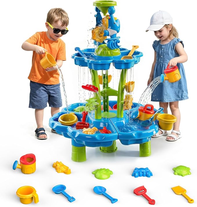 HeySplash Water Table for Toddlers 3-Tier with Toy Accessories | Kids Water and Sand Activity Sensory Playset, Sand Table Summer Splash Sensory Table for Outdoor Beach Backyard Garden, Blue