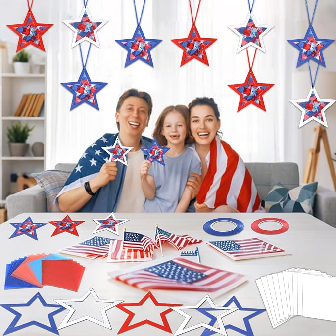 Qyeahkj 36 Set 4th of July Suncatchers Crafts for DIY Patriotic Star Window Tissue Paper Craft Kit Star Hanging Decor for Patriotic Home Activity Art Project Birthday Party Favor Gift