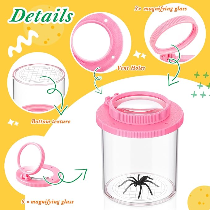 Skylety 2 Pieces Bug Jars Insect Viewer Catcher Bug Magnifying Insect Cage Container for Kids Children Science Nature Exploration Tool (Pink)