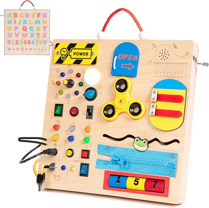 Wooden Busy Board Montessori Toy for Toddlers,Educational Learning Toy for 1 2 3 Year Boys & Girls,Sensory Activity Board with LED Light & Music Boxes, Travel Toys for Kids Birthday Gift