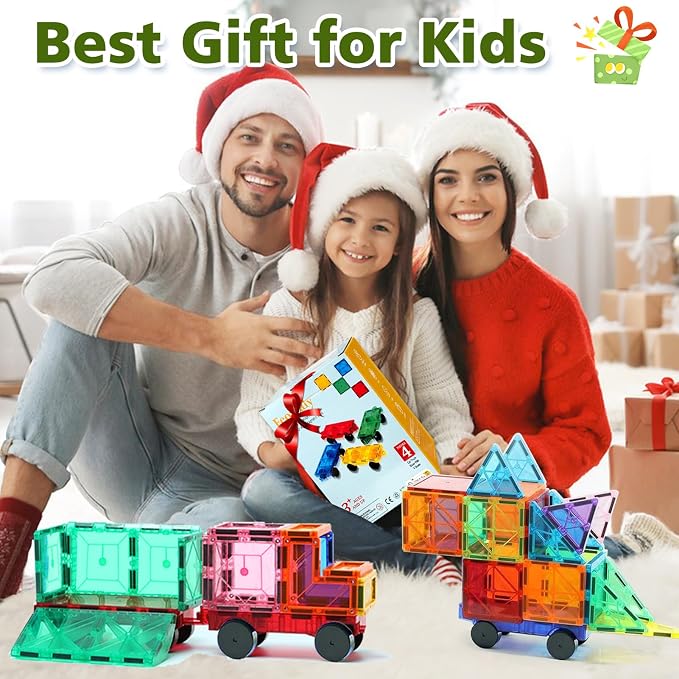 Feoxialy Magnetic Tiles Cars 4 PCS Magnetic Cars Set Construction Kids Toys | Magnet Building Blocks for Kids Ages 4-8 3-5, Truck Kit Educational Toys Gifts for 3+ Year Old Boys Girls Christmas Birthday