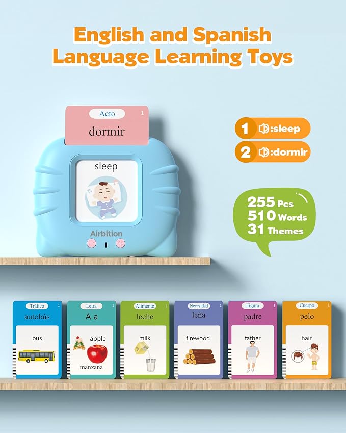 Airbition Bilingual Talking Flash Cards, 510 Words Spanish and English Blue | For Toddlers Ages 2+, Pocket Speech Therapy Toy with 31 Themes, Montessori Learning Toy, Sensory Learning Kit for Children