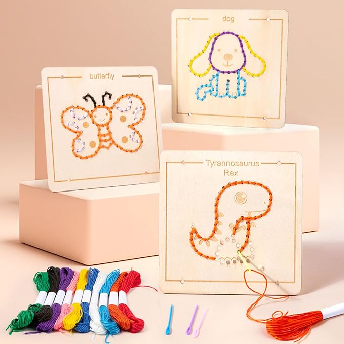 Wooden Lacing Sewing Cards Kit, Fine Motor Montessori Handcraft Educational Toy for Kids,Vehicles