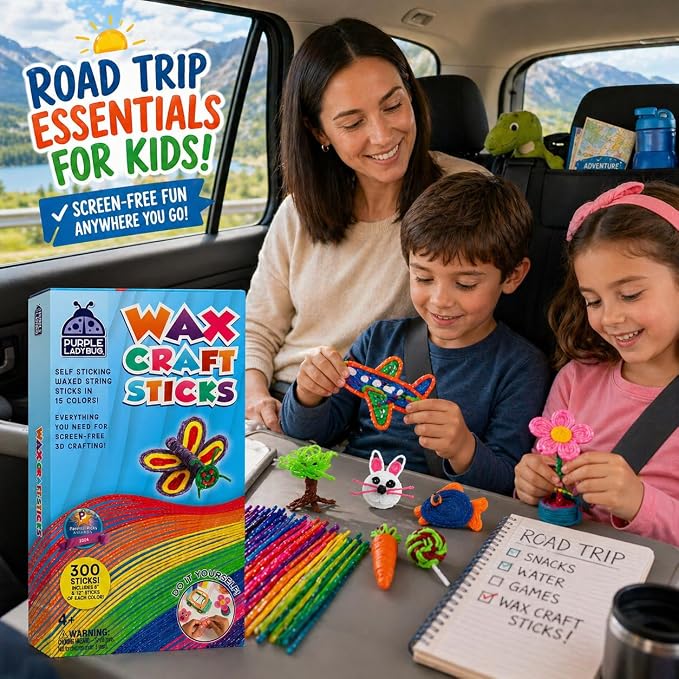 Wax Craft Sticks for Kids 300 PCS in 15 Colors, Mess-Free Sensory Craft | Reusable Bendable Wax Sticks, 6 in and 12 in Lengths, Non-Toxic, Screen-Free Road Trip and Airplane Travel Toy, Ages 4+