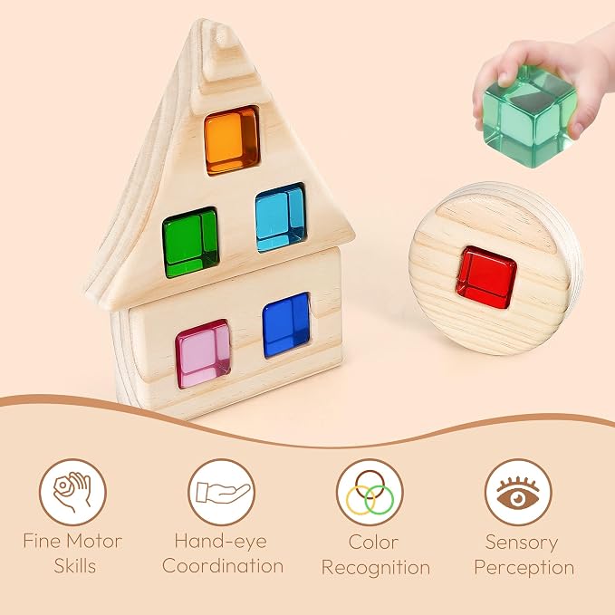 Woodtoe Large Rainbow Gem Blocks, 16 PCS Stacking Blocks for Toddlers 1-3 | Includes 3 Wooden Shapes, Montessori Sensory Toy, Creative Acrylic Blocks, No Choking Hazard, Birthday Gift for 1 2 3 Years