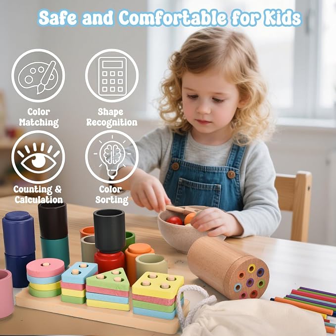 Montessori Toys 3 in 1 Wooden Learning Fine Motor Skills Toys Rainbow Color Sorting Toy for Toddlers - Preschool Color Matching, Educational Color Recognition ShapeSorter Boys Girls Gifts