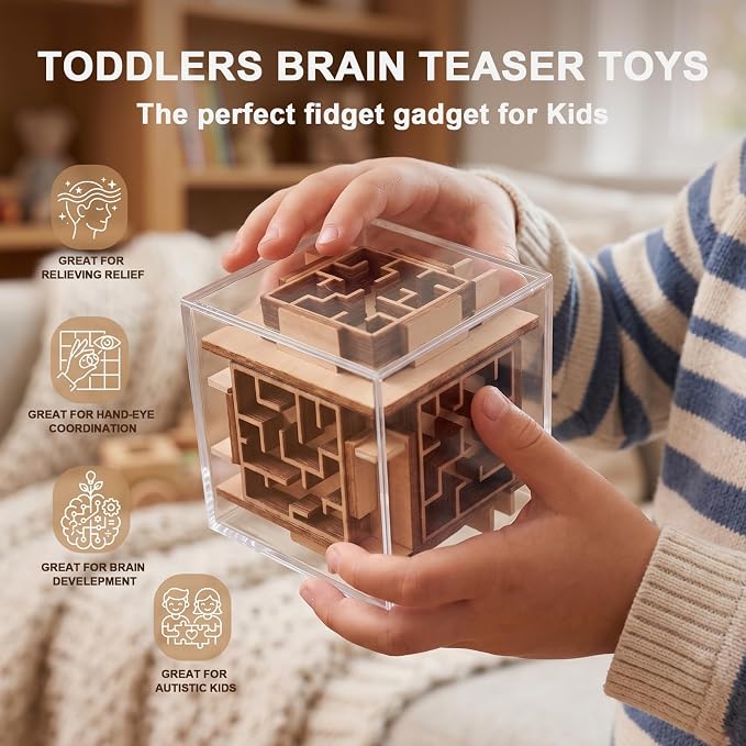 Fidget Brain Teaser Games for Kids: Wooden Puzzle Fidget Toy for Toddlers - Handheld Maze Puzzle Cube for Travel - 3D Labyrinth Game Road Trip Toys for Boys & Girls Ages 3-8
