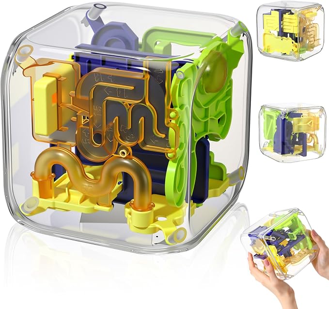 1 Sets Large Labyrinth 3D Maze Cube Puzzle Maze Game Gravity 3D Puzzle Cube Brain Teaser Ball Games for Kids Education Sensory Toys Gift for Adults (Upgrade Version,Yellow)