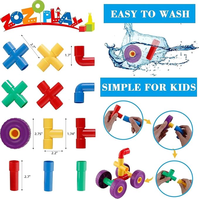 ZOZOPLAY STEM Learning Toy Tubular Pipes & Spouts & Joints 96 Piece Build Bicycle, Tank, Scootie, Moter Skills Endless Designs Educational Building Blocks Set for Kid Ages 3+ Multicolor | 96 pipes, spouts, and joints for kids 3+ to build vehicles while...
