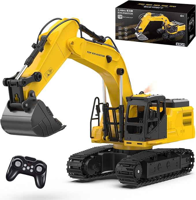 1:18 Metal RC Excavator Toy for Kids | 11-Channel Remote Control Construction Vehicle with Water Spray, Lights & Sounds, Dual 100-Min Batteries, 2026 New STEM Engineering Toy for Boys Ages 6-12