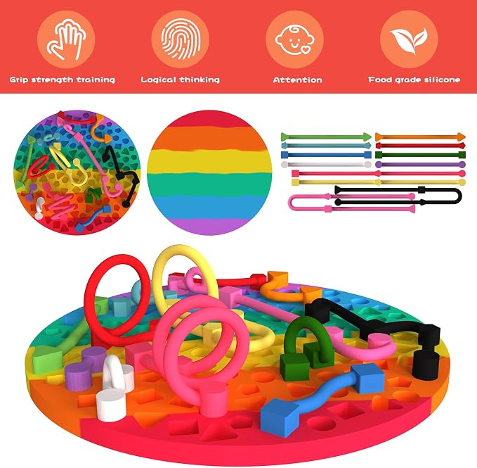 Sensory Activity Board, Silicone Fidget Toys for Calming and Stress | Autism Quiet for Adults, Toddler Sensory Toys for ADHD, Road Trip Essentials for Kids, Portable Travel Bag & 12 Strings