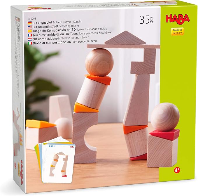 HABA Wooden Blocks Set Teetering Towers with Pattern Cards, Wood Block Set for Ages 4-8 for Fine Motor Skills, Made in Germany Creative Stacking Toy