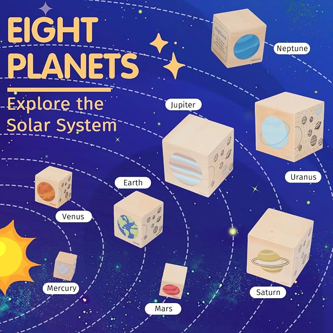 Wooden Solar System Nesting & Stacking Blocks, Planets Toy for Kids 3-5 | Montessori Space Toy,Sorting & Stacking Boxes,Preschool Educational Science Toy for Toddlers Boys & Girls (8 Planets)
