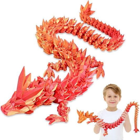 30 Inch Large 3D Printed Dragon 76cm Long Fidget Toy Gift Decor | Flexible Giant Articulated Dragon Toy, Home Desk Decoration, Birthdays Christmas Gift for Kids Boys Girls Adults, Red Gold