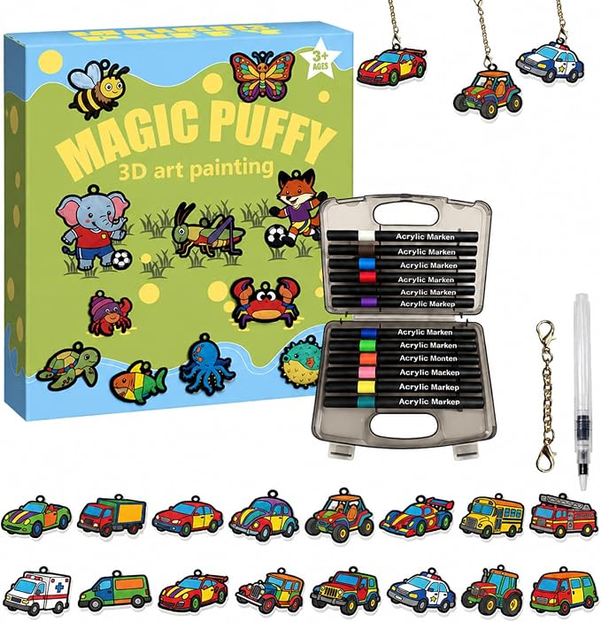 MWOMGLP Magic Foam Texture Painting Kit, 16 Pack DIY Puffy Foam Art Craft Set for Kids, 3D Sensory Painting Paper with Colorful Foam Sheets, Creative Gift for Boys Girls Ages 3+(Car)