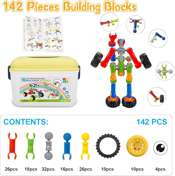 STEM Toys for 3 4 5 6 7 8+ Year Old Boy Birthday Gift, Boys Toy Age 4-6 6-8 | 142 Pcs Building Toys Construction Set, Classroom Learning Creative Activities Boy Toy 5-7 8-10, STEM Kits with Storage Box