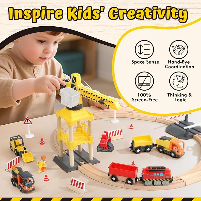 Lehoo Castle Wooden Train Set, Construction Toys for 3 Year Old Boys | Wooden Train Track Set for Kids w/Crane, Toy Train Railway Playset for Toddler Boy Birthday Gift