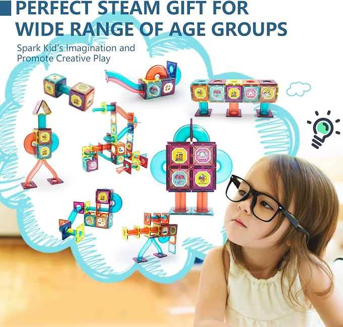 LTKFFFdp Magnetic Building Blocks STEM Educational Toys for Kids Ages 4-12, Ball Track and 3D Stacking Construction Set | 3D Magnet Cubes Building Blocks with Pipes, Montessori Birthday Gifts for Boys Girls Ages 3+, Compatible with Other Brands