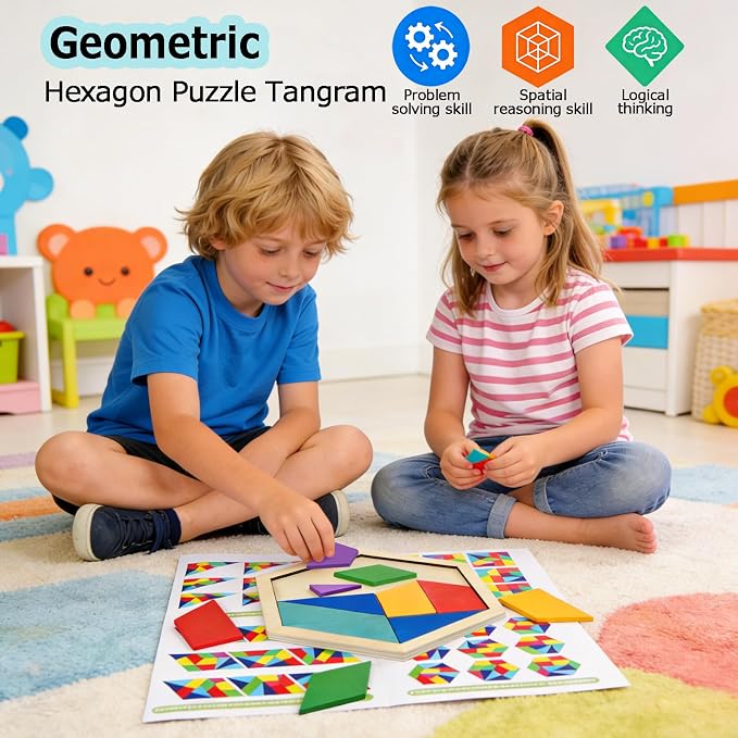 KINGOU Wooden Hexagon Puzzle Tangram for Kids and Adults, 12 Large Pieces Montessori Geometric Shape Brain Teasers, STEM Logic Game Learning Toy, Creative Desktop Coffee Table Travel Puzzle Gift