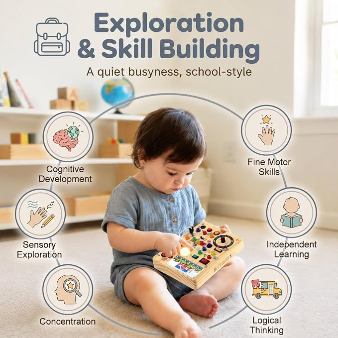 RichBoy Busy Boards, Lights Switch-Style, Wooden, 37-in-1, Medium | Toddlers Birthday Gifts, Montessori Toys, Autism Sensory, Fine Motor Skills, Educational Learning, Travel Essentials