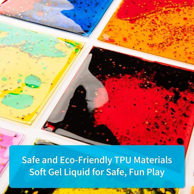 Art3d Square Sensory Fidget Multicolor Liquid Motion Tiles, 6" x 6", 3-Pack | Lightweight, Boost Focus, Relieve Anxiety, Varied Colors & Shapes, Suitable for Kids, Toddlers