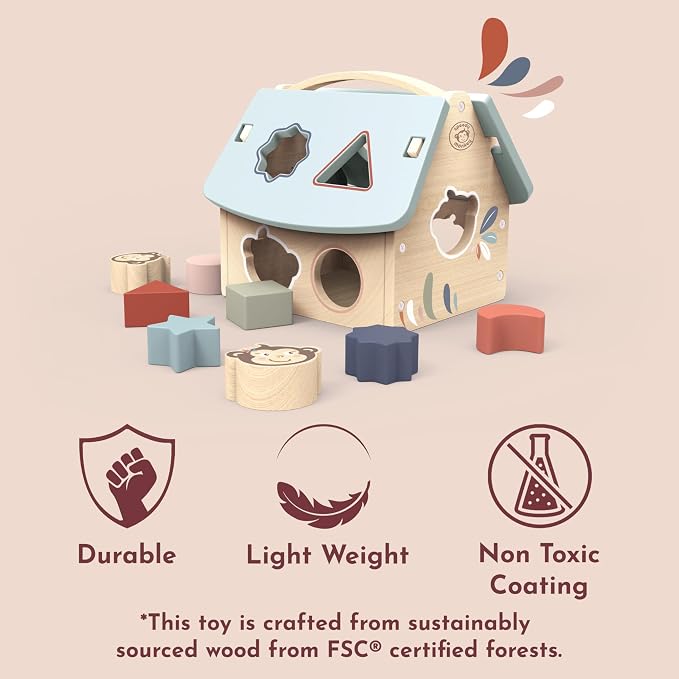 House Shape Sorter with 8 Blocks, Fun Colors, Shapes, Monkey Character, Wooden Toy, Non-Toxic Paint, Enhances Learning, Ideal for Kids | 8 blocks, monkey character, sorting & stacking toys, montessori toys, preschool toys, shape recognition, fine motor...