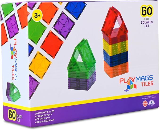 Playmags 60-Piece 3D Magnetic Tiles Squares Set - Featuring Supermags Twice as Strong, Riveted for Safety, STEM Educational Building Blocks for Kids, Compatible with Major Brands, Ages 3+