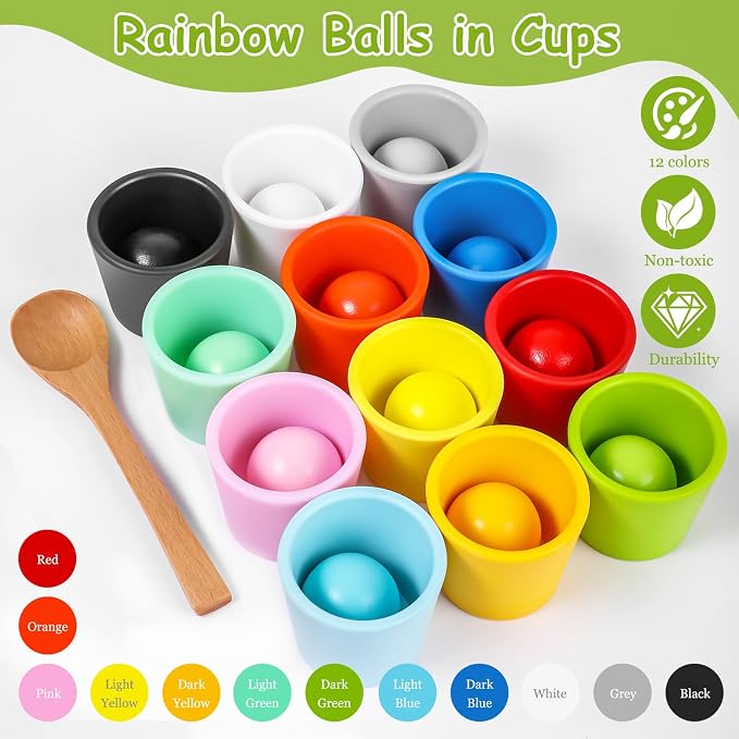 Rainbow Balls in Cups Toddler Montessori Toys (12 Balls, 1.4 in) | Color Sorting Toys for Toddlers for 3 Year Old Up, Learning Color Sorting and Counting, Kids Preschool Wooden Matching Games