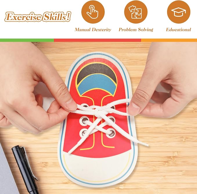 Wooden Red Shoe Tying Practice for Kids, How to Tie Your Shoes for Kids Threading Lacing Shoes Training, Learn to Tie Your Shoes Developmental Toys