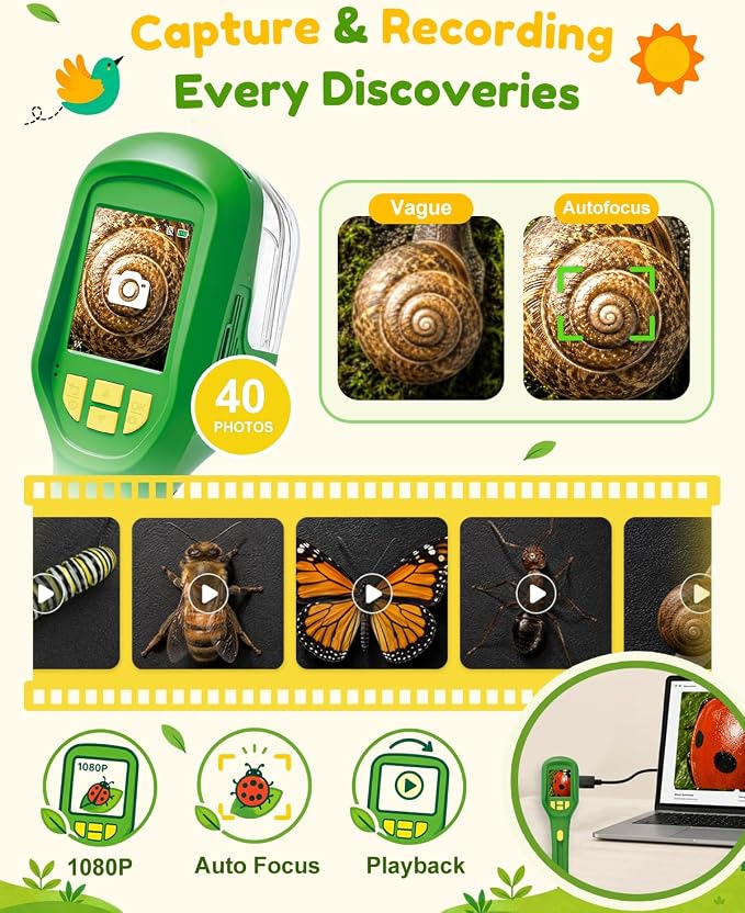 Digital Bug Catcher for Kids, Outdoor STEM Toys Birthday Gifts for Kids 3+ | 1080p Bug Magnifier, Microscope for Kids with Auto Focus, 8 LED Fill Lights, for Summer Camping Travel Science Toy Age 3-12