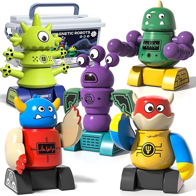 Magnetic Robot Toy for Kids 3-5, 35 PCS STEM Educational Playset with Storage Box, DIY Stacking Monster Robots, Toddler Creative Alien Toys Gift for Boys Girls (Christmas Birthday)
