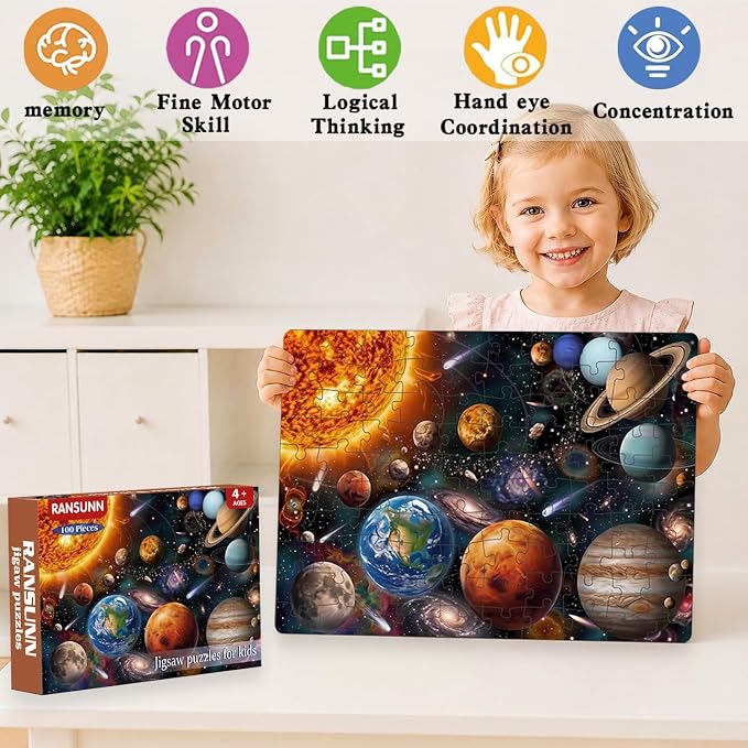100 Piece Puzzles for Kids, Adults & Seniors, Educational Solar System Planets Jigsaw Puzzles for Kids Ages 4-6 5-8, Space Learning Toy Gifts for Boys and Girls - Every Piece is Unique