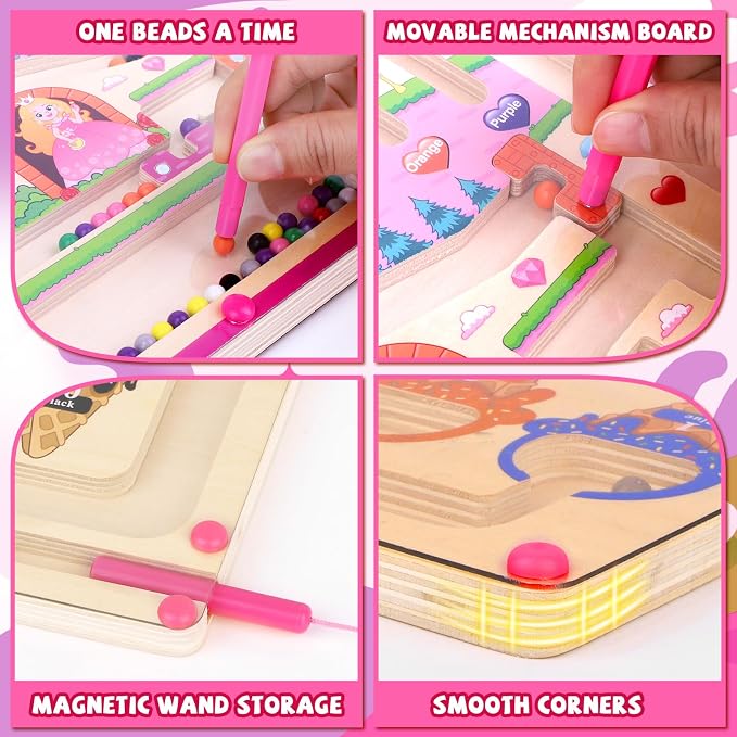 wakeInsa 2 in 1 Magnetic Color and Number Maze,Montessori Toy for Toddler Girls,Wooden Magnet Balls Puzzles,Toddler Busy Board Game,Preschool Learning Activities (Princess & Ice Cream)